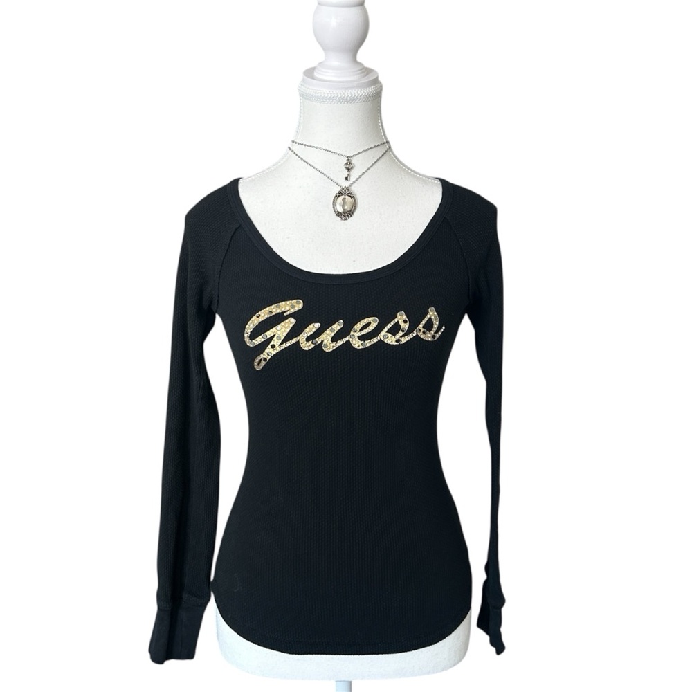 Y2K “GUESS” Black Waffle Knit Long Sleeve Graphic Top with Rhinestone Details